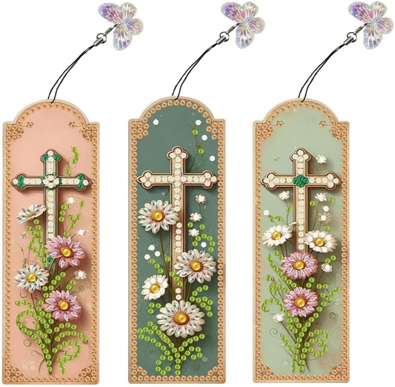 3 Pieces Cross Flower Diamond Painting Bookmark Kit – Religious Cross & Daisy Flower Acrylic Diamond Art Bookmarks with Butterfly Pendant for Adults & Beginners